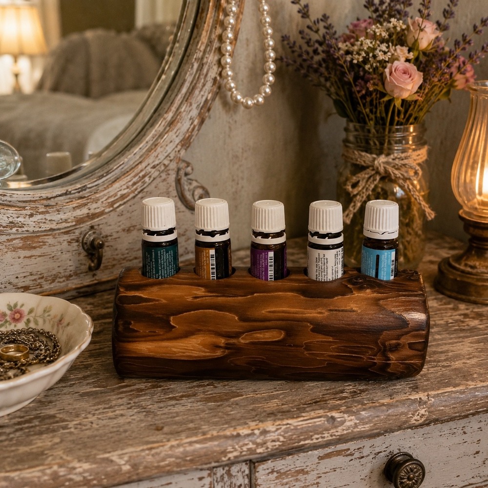 Rustic Wood Log Essential Oil Holder 5 Slot Handcrafted Aromatherapy Organizer